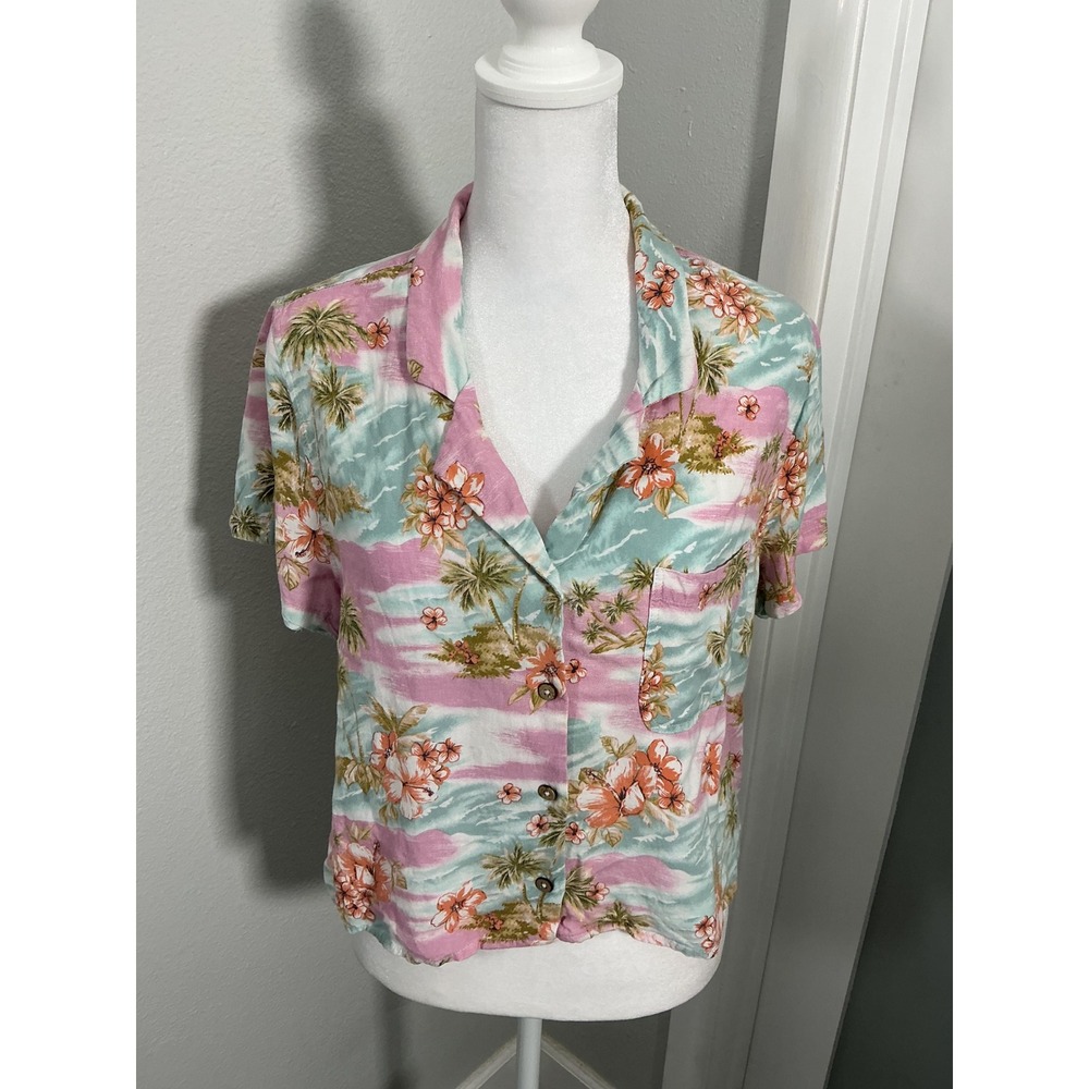 Ocean Drive Tropical Floral Women's Cropped Button Down Shirt Size M